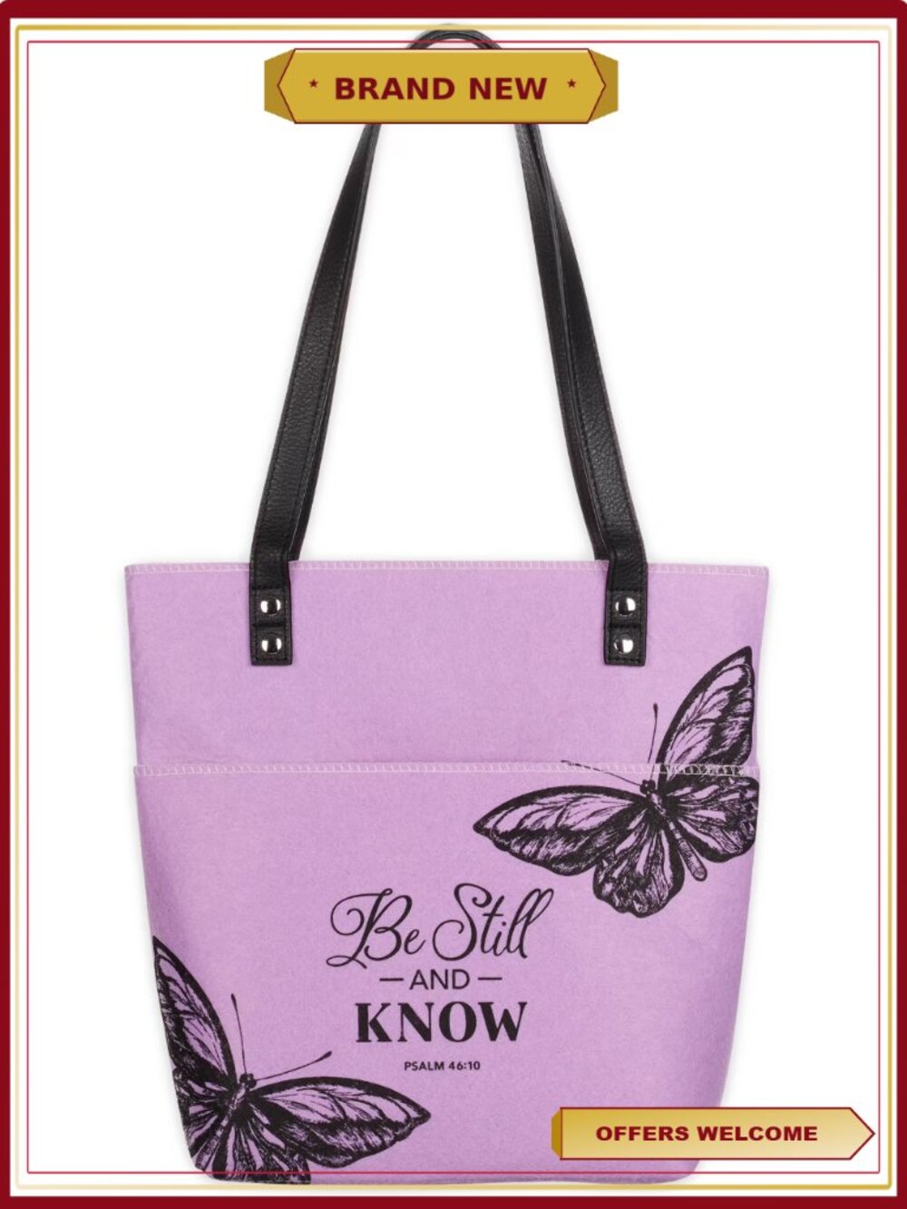 Faux Leather Felt Bible Tote Bag with Butterfly Design - Be Still and Know